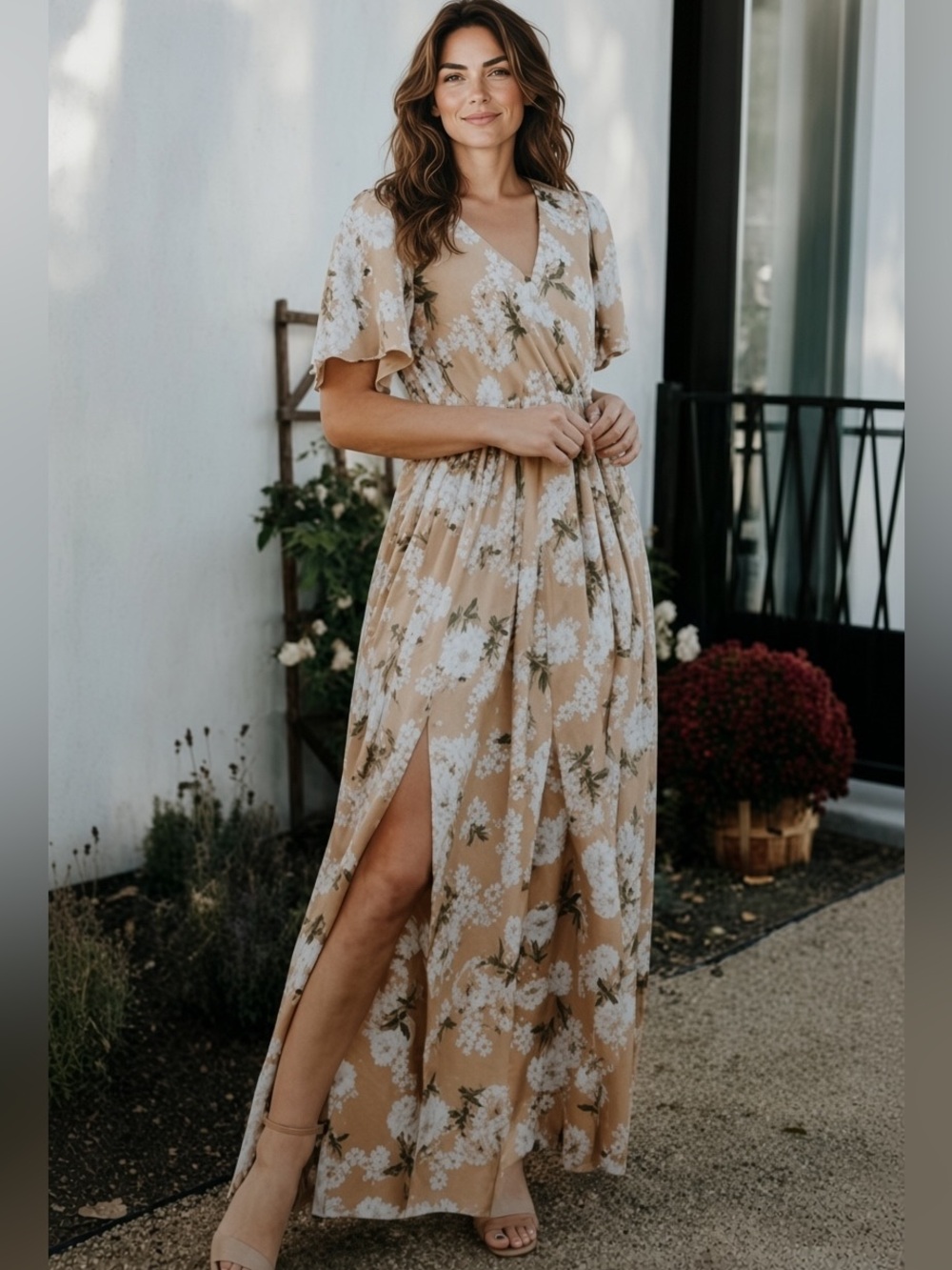 Baltic Born Sicily Taupe Floral Maxi Dress Size Medium